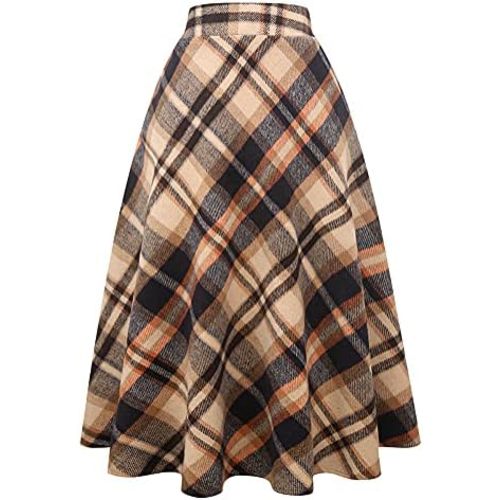 Long Plaid Wool Skirt for Womens Winter Fall Warm High Elastic Waist A line Flared Pleated Wool Tartan Skirts