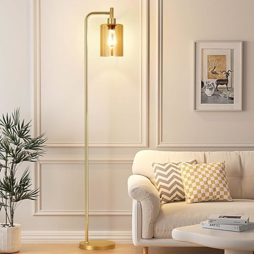 Floor Lamps for Living Room - Gold Standing Lamp with Amber Glass Shade, Modern Floor Lamp with LED Bulbs, Bright Industrial Floor Lamp for Bedroom, Farmhouse Tall Lamp for Office