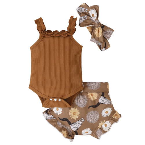 Suealasg Western Baby Girl Clothes Newborn Infant Girl Strap Tank Romper Top + Bull Print Shorts Set + Head Band 3Pcs Summer Outfit