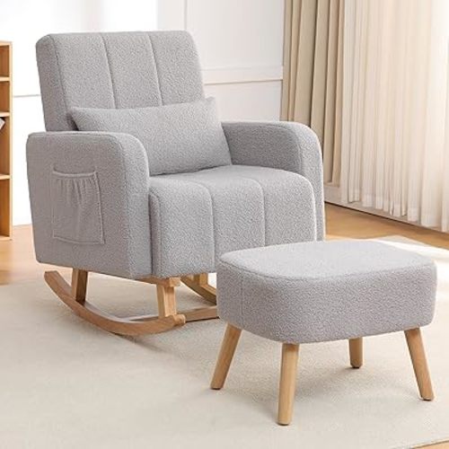 HCHAIRH Nursery Rocking Chair with Ottoman, Upholstered Glider Rocker with High Backrest Side Pocket, Rocking Accent Armchair with Solid Wood Legs for Nursery, Living Room, Bedroom, Light Grey