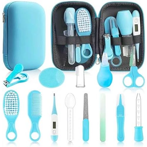 Baby Healthcare and Grooming Kit, 14 in 1 Baby Safety Set Newborn Nursery Health Care Set with Hair Brush Scale Nail Clippers for Baby Girls Boys (Blue 14 in 1)