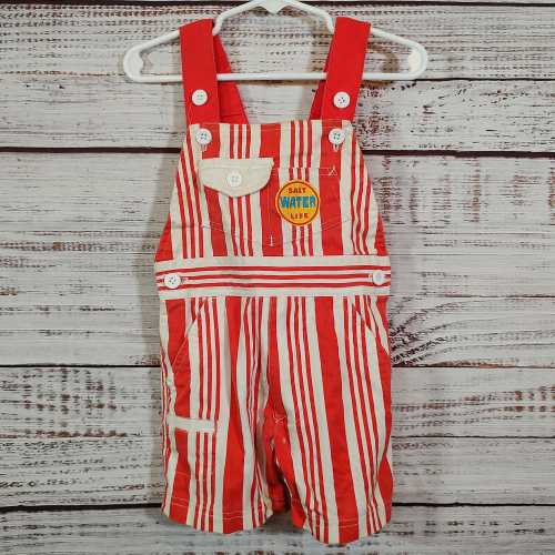 Vintage Kid Jumper / Child Overalls / Retro Denim Overalls / Toddler Shorts Outfit Red White Stripe / Size 3T 3