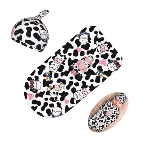 Qiankang Cute Cow Print Newborn Swaddling Blanket Beanie Hat Sets Soft Baby Receiving Funny Cattle Blanket Soft Sleeping Bag New Born Soft Sleep Sacks for Boys Girls