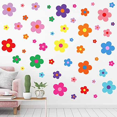 TaoBary 288 Pcs Y2k Cute Flowers Wall Sticker Colorful Floral Wall Decal Vinyl Peel and Stick Preppy Hippie Stickers Aesthetic Flowers Decor for Nursery Bedroom(9.1 x 11.4 Inch,Bright Colors)