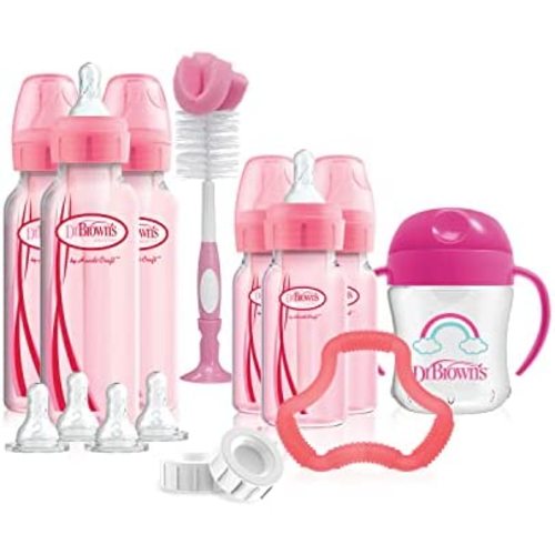 Dr. Brown's Options+ First Year Anti-Colic Bottle Gift Set with Sippy Cup, Baby Bottle Brush and Teether - Pink