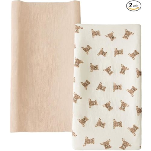 Little Jump Muslin Changing Pad Cover for Baby Girls Boys, 100% Cotton Soft Breathable Changing Table Covers, Baby Diaper Change Table Pad Cover, 2 Pack (Teddy Bears & Khaki)