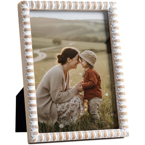 Afuly 5x7 Picture Frame Farmhouse Photo Frame Boho Beaded Frames Distressed White Wood Unique Wall Hanging Desk Standing Gifts Home Decor Artwork Anniversary Birthday for Mom Family Couple Friends