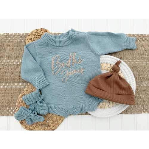 Personalized Baby Boy Outfit | Sweater Bubble Romper Blue Baby Name – Wonderfully Made