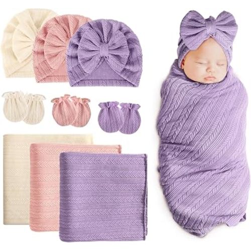 BQUBO Newborn Receiving Blanket Hat Mittens Set for Baby, Unisex Baby Boys Girls Essentials, Newborn Registry Must Haves, Stroller Crib Shower Gifts