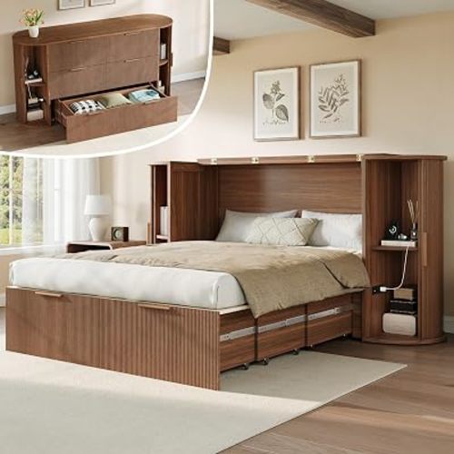 AMERLIFE Full Murphy Bed with Storage & Sliding Tambour Door