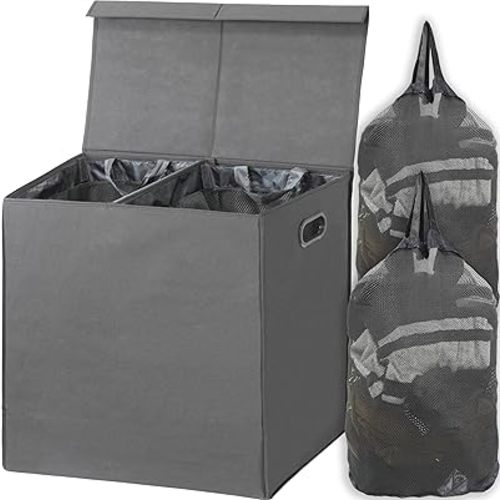 Simple Houseware Double Laundry Hamper with Lid and Removable Laundry Bags, Dark Grey