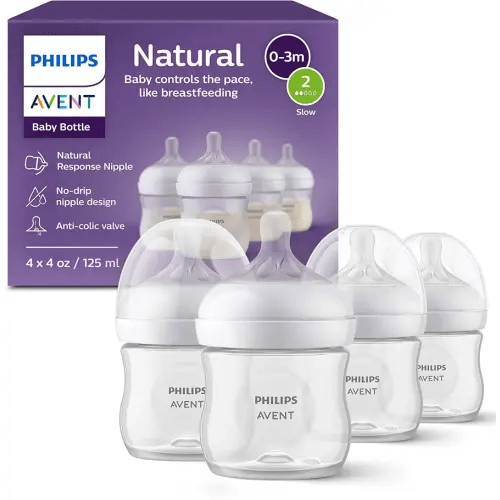 Philips Avent Natural Baby Bottles with Natural Response Nipples (Slow Flow, Flow 2), 4oz, 4-Pack, SCY900/04