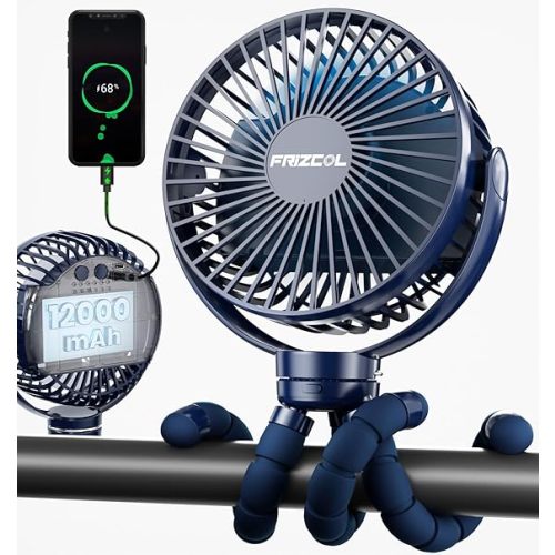 FRIZCOL Portable Stroller Fan, Use As Power Bank, 65H 12000mAh Battery Operated Fan Flexible Tripod Baby Car Seat Fans with Timming, Personal Mini Handheld/Desk/Small Clip On Fans For Stroller