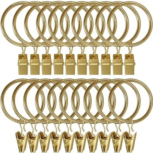 20 Pack Metal Curtain Rings with Clips, Curtain Clip Rings Hooks for Hanging Drapery Drapes Bows, Curtain Rod Rings 1.5 inch Interior Diameter, Gold