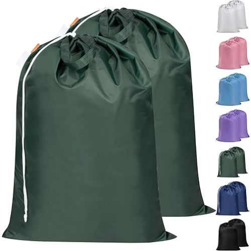Polecasa Extra Heavy Duty Large Laundry Bag with Sturdy Handles and Drawstring Closure, 2 Pack 28 x 36 inches Durable Storage Bags for Basket, Hamper, College, Dorm, Travel, Green