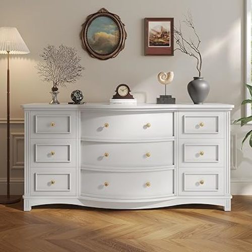 9-Drawer Chest, Wide Dresser with 3 Large Arc Fronts,Roman Column Decor, Spacious Bedroom Storage Furniture, 55 Inch Long (White, 9 Drawer)