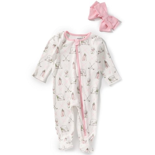 Mud Pie Baby Girls Long Sleeve Golf Print Cotton Interlock Footed Coverall