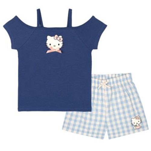 Hello Kitty Toddler Girls' Graphic Short Sleeve Top and Plaid Elastic Waist Shorts Outfit Navy Blue 4T