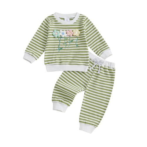 Amnnchya Toddler Clothes For Girls Baby 3D Flower Fall Winter Outfits Stripes Waffle Sweatshirt Pullover Cute Pants Set