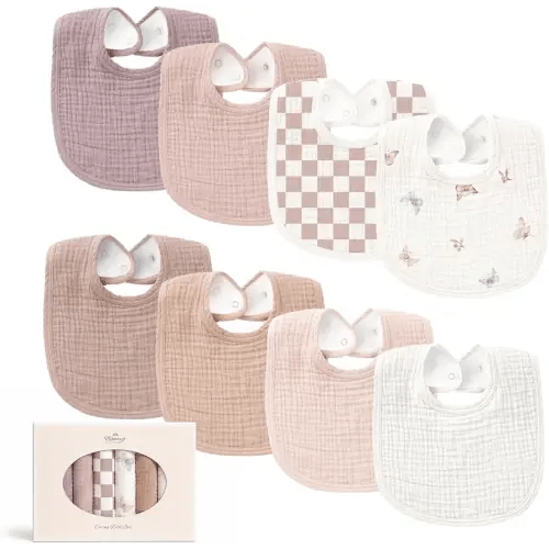 Konssy 8-Pack Muslin Baby Bibs, Adjustable Fit for Drooling and Teething