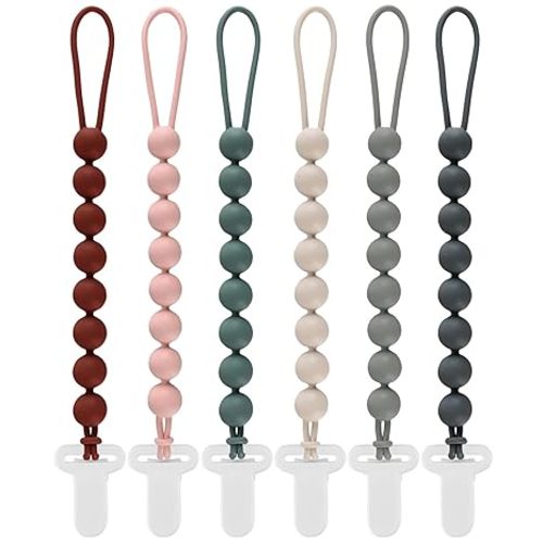 6-Pack Silicone Pacifier Clips for Babies, Safe Teething Beads, Rust-Free Holders, Baby Boy and Girl Essentials, Newborn Must-Have Accessories, BPA-Free