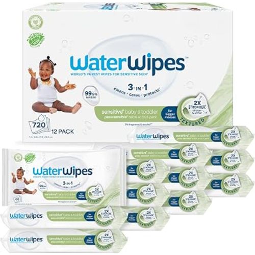 WaterWipes Sensitive+ Baby & Toddler Wipes, 3-In-1 Cleans, Cares, Protects, 99.9% Water, Textured Clean, Unscented & Hypoallergenic, 720 Count (12 Packs)