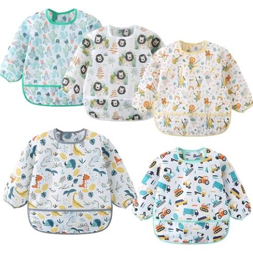 ElecMotive 5 Pack Waterproof Long Sleeve Bibs for Babies & Toddlers 6-30M