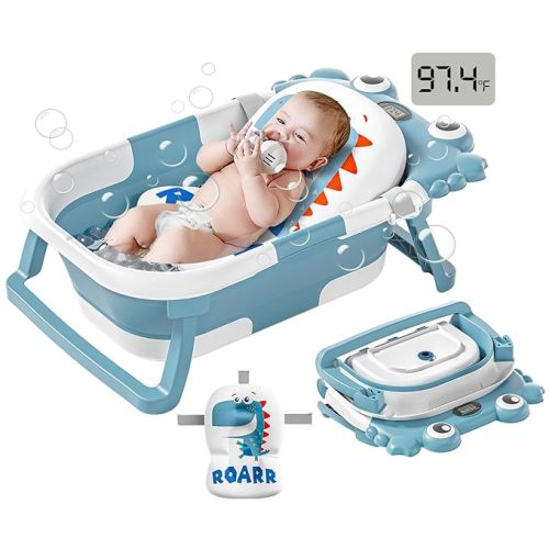 Collapsible Baby Bathtub for Infants to Toddler with Real-time Temp Monitor+Floating Cushion,Foldable Baby Bath Tub Set Applicable 0-36 Month,Portable Travel Baby Tub for Newborns Boy (Beige)