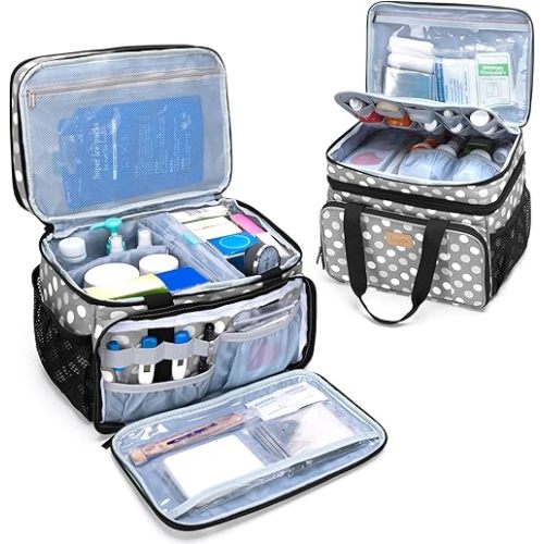 LUXJA 2 Layers Medicine Bag with Detachable Divider, Pill Bottle Organizer Suitable for Home or Travel Use, Gray Dots