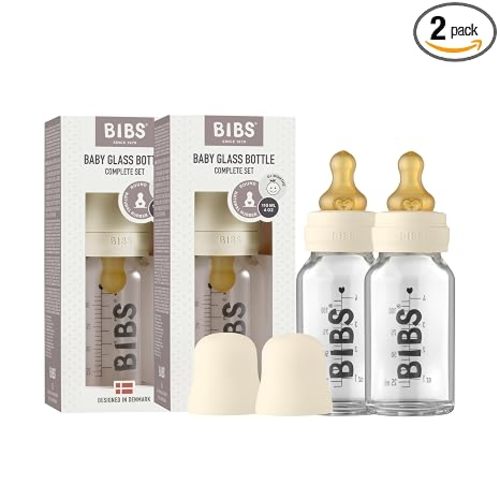 Bibs Baby Glass Bottle | Newborn Anti-Colic Baby Bottles | Borosilicate Glass with a Natural Vented Round Natural Rubber Latex Nipple | Consistent Flow Rate | 3.7 oz/110 ml | 2 Pack | Ivory