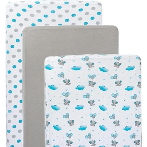 3 Pack Crib Sheets – Ultra Soft Jersey Cotton Baby Crib Sheets, Breathable Fitted Sheets for Standard Crib Mattress (52” x 28”), Baby Boy Crib Bedding Set – Blue Grey Elephant