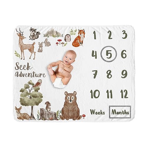 Sweet Jojo Designs Woodland Forest Animals Boy Girl Gender Neutral Unisex Baby Milestone Blanket Newborn Monthly First Year Photo Growth Chart Infant Memory Gift Set Friends Bear Hedgehog Watercolor