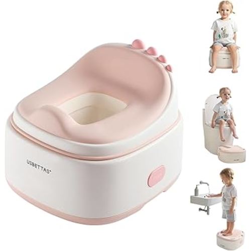 3 in 1 Potty Training Toilet, Dinosaur Toddler Potty Training Seat for Boys Girls with Comfortable Cushion, Easy-to-Clean and Anti-Slip Potty Training Step Stool for Toilet (Pink)