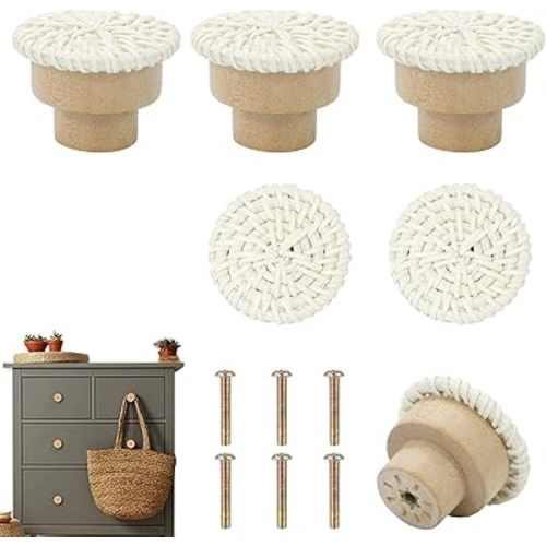 Boho Rattan Dresser Knobs for Girls Kitchen Cabinet knobs and pulls Wicker Woven Decorative Dresser Handles Round Wooden Knobs for Cabinets and Drawers 6 Pcs (Beige, 6Pcs)
