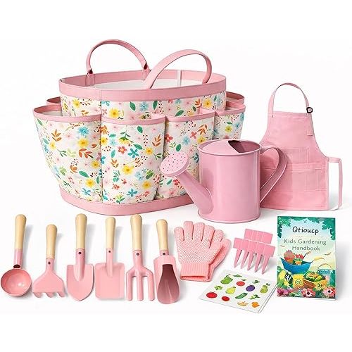 Qtioucp Kids Gardening Set 14Pcs Garden Tools with Tote Bag,Watering Can, Shovel, Apron, Garden Book and More Educational STEM Learning Outdoor for Toddlers Boys Girls (Floral)