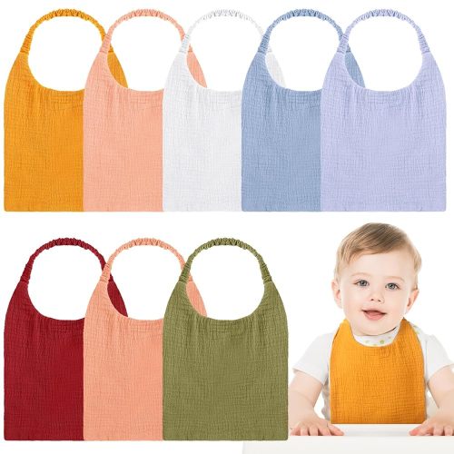 8 Pack Muslin Baby Bibs Elastic Band Adjustable Bandana Drool Bibs for Boys Girls Newborn Baby Double Gauze Cotton Pullover Soft and Absorbent for Teething Drooling and Feeding