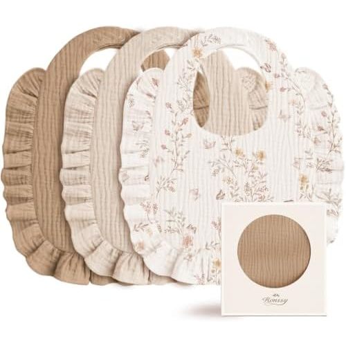 Konssy 3-Pack Muslin Baby Girl Bibs, 100% Cotton with Ruffle Trim