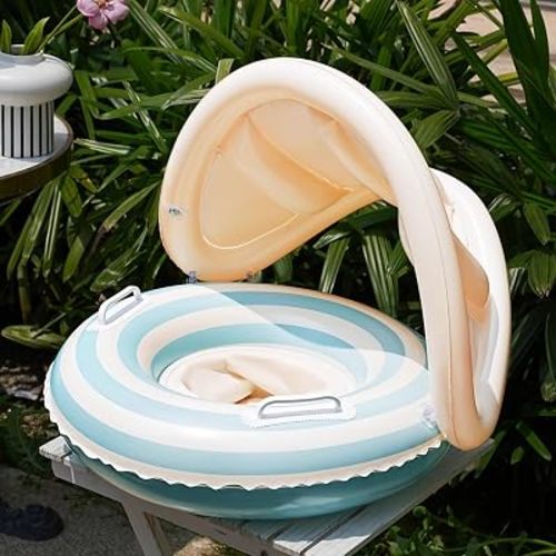 Baby Swimming Ring Inflatables with Detachable Canopy Sun Protection, Stripy Cartoon Float Seat with Handles for Boys Girls 40 lbs