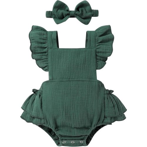 Happy Town Baby Girl Clothes Toddler Summer Linen Romper Sleeveless Ruffle Outfits Infant Girls Jumpsuit with Headband