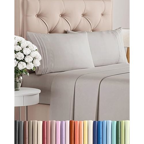 Queen Size 4 Piece Sheet Set - Comfy Breathable & Cooling Sheets - Hotel Luxury Bed Sheets for Women & Men - Deep Pockets, Easy-Fit, Soft and Wrinkle Free Sheets - Light Grey Oeko-Tex Bed Sheet Set