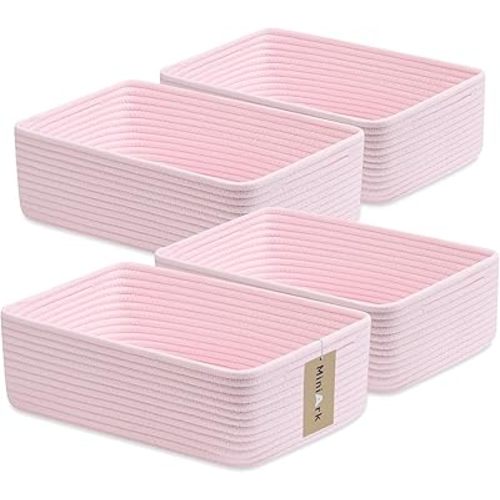 MiniArk Large Shallow Organizing Baskets 15x11x5.1 Inches - Rope Woven Storage Bins for Bathroom, Shelves, Cube Closet, Light Pink 4 Packs