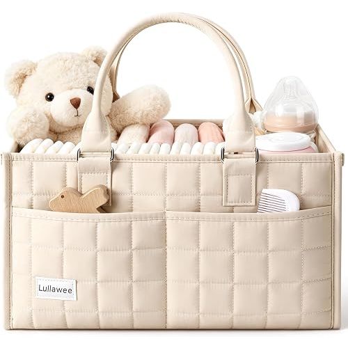 Lullawee Baby Diaper Caddy Organizer, Portable Nursery Storage Basket with Handle for Newborn Boy or Girl, Gift for Baby Shower Essentials, Registry Must Have Bag, Caddie Car Organizer, Beige