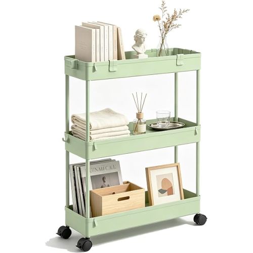 SPACELEAD Slim Storage Cart 3 Tier,Bathroom Organizer Rolling Utility,Mobile Shelving Unit Slide Out for Office, Kitchen, Laundry Room & Narrow Places，Green
