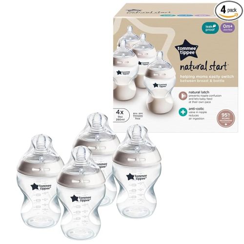 Tommee Tippee Natural Start Anti-Colic 9 oz BPA Free Baby Bottles, 0+ Months, Slow Flow Breast-Like Nipple, Self Sterilizing, Designed for Seamless Transition Between Bottle & Breast, Clear, Pack of 4 | Pack of 4, Slow Flow Breast-Like Nipple, Self-Steril