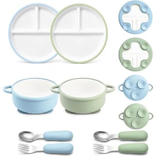 Daximo 8 Pcs Ceramic Baby Plates Set with Suction Sleeves, Spoons & Forks