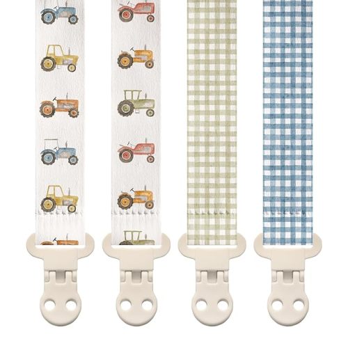 Stadela Baby Fabric Pacifier Clip Holder, Plastic Clip, 4‑Pack, Farm Pattern, Tractors Set