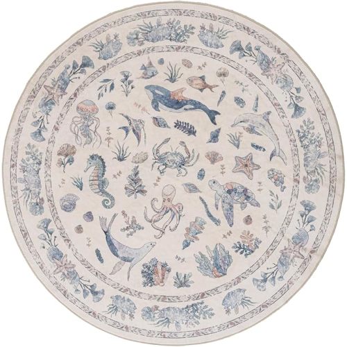 Soft Marine Animal Washable Faux Wool Stain Resistant Rug Rubber Non-Slip Backing for Playroom Bathroom Living Room Bedroom Bedside Beachy Cute Coastal Nautical Nursery Rug (Pink Multi, 5' Round)