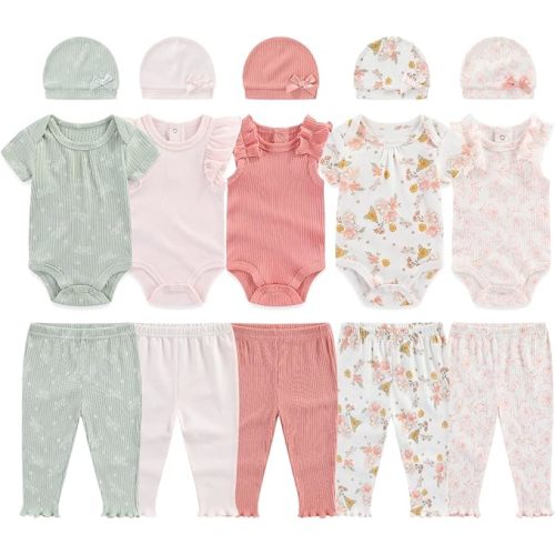 0-12 Months Unisex Baby Pants Sets New born Bodysuit and Hats 15 Pack Boy Girl Infant Comfort Outfit Clothes