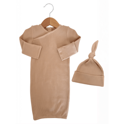 Organic Waffle Gown & Hat Set, Tan