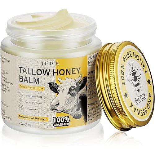 Organic Grass-Fed Beef Tallow for Skin,Body,Tallow Face Moisturizer for Eczema,Lip Balm,Whipped tallow honey balm,All Natural Body Lotion for Women Men,Tallow Cream Skincare,Unscented 4.2 OZ